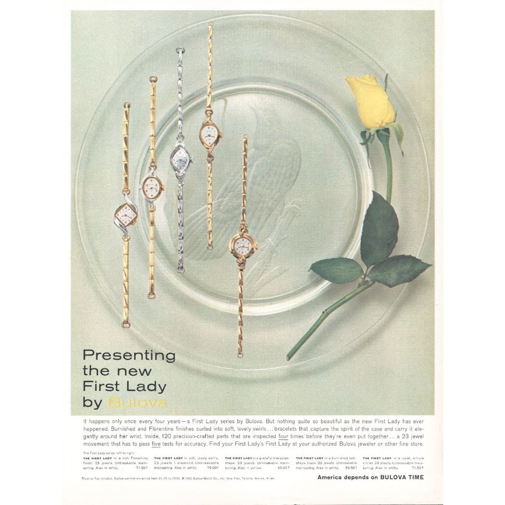 1960 Bulova First Lady Watch Vintage Print Ad Yellow Rose Flower Wall Art Photo
